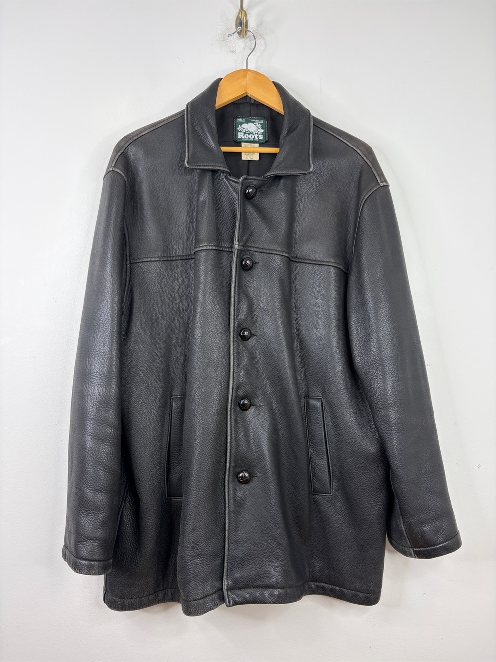 Roots Leather Coat Mens XL Black Classic Mid Length Coat Made in Canada